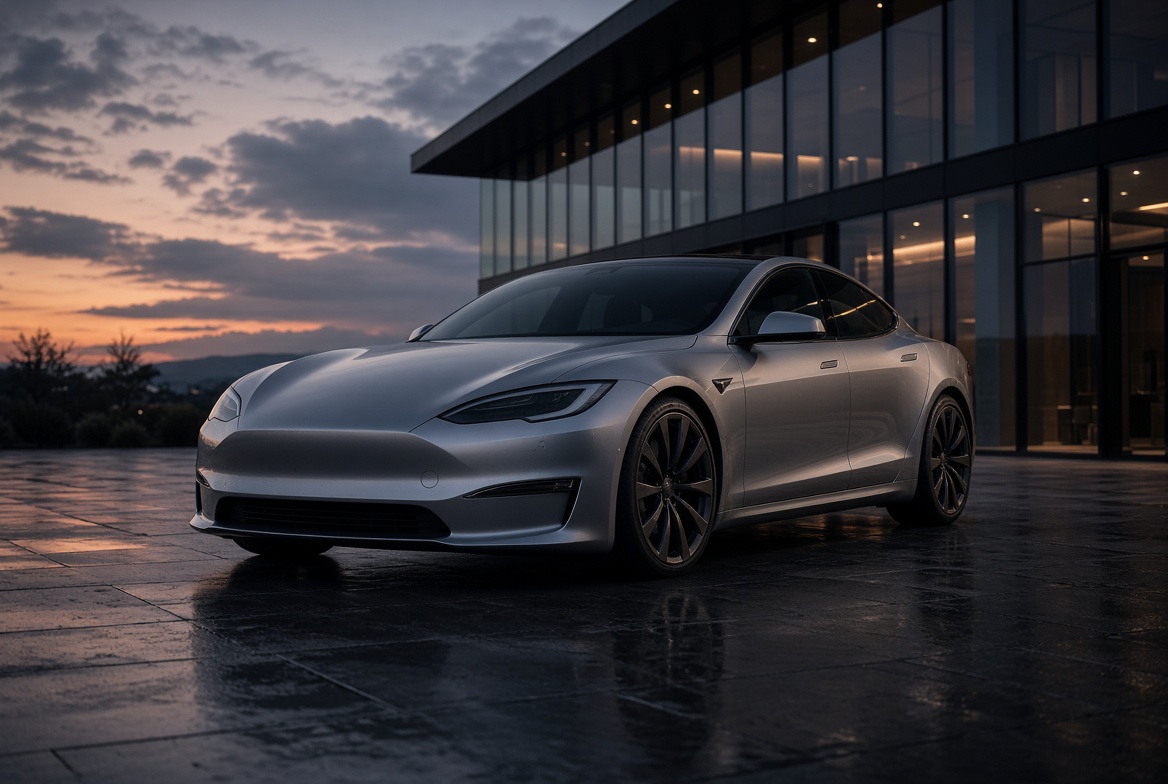 Silver Tesla Model S at dusk